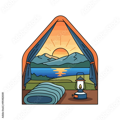 Tent camping sunrise view lake mountains sleeping bag lantern outdoor adventure