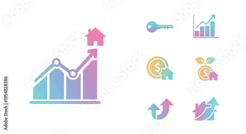 Colorful gradient icon set illustrating real estate investment property value and housing market growth.