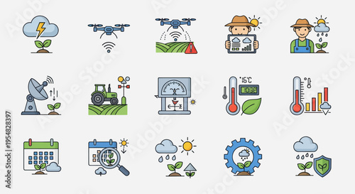 Colorful Vector Icons Depicting Modern Agricultural Technology and Farming.