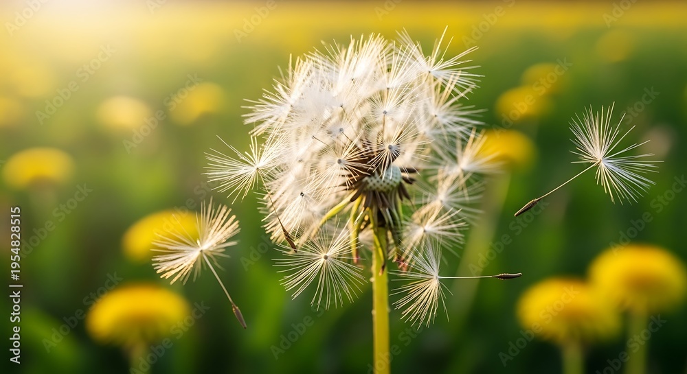 Fototapeta premium Dandelion Seed Head in Sunlight with Yellow Flowers.