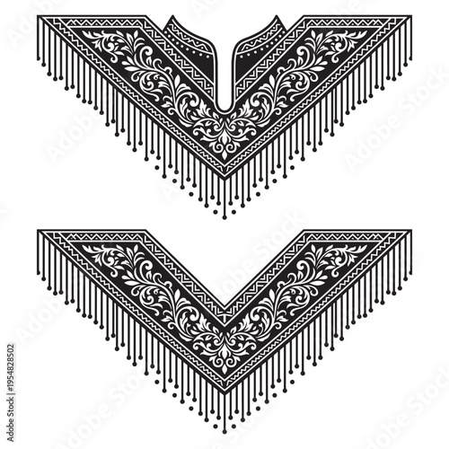 Black and white decorative embroidery patterns with intricate floral motifs and hanging tassels