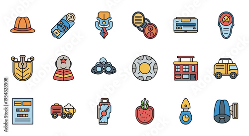 A diverse collection of colorful cartoon-style icons featuring various objects and themes.