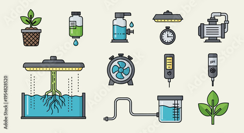 Hydroponic Gardening Equipment Icons Set.