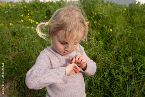 Curious little 4 year old girl examining a ladybug on her hand