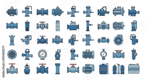 Industrial plumbing and waterworks equipment icon set with pumps valves pipes and gauges.