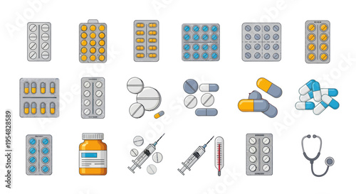 Assortment of Pharmaceutical Medicine and Medical Supplies.