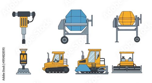 Set of construction equipment: jackhammer concrete mixers compactor bulldozers paver.
