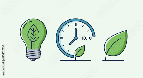 A set of eco-friendly icons representing green energy environmental time and nature.