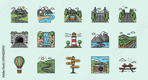 Collection of Illustrated Landscape and Travel Icons.