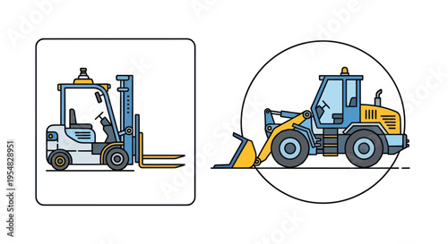 Industrial Vehicles: Forklift and Front-End Loader Illustration.