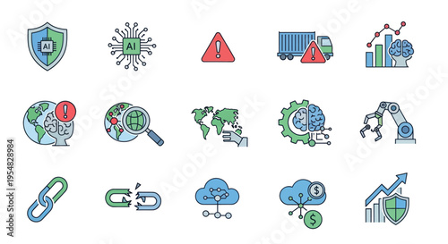 Collection of colorful line art icons representing various technology and business concepts.