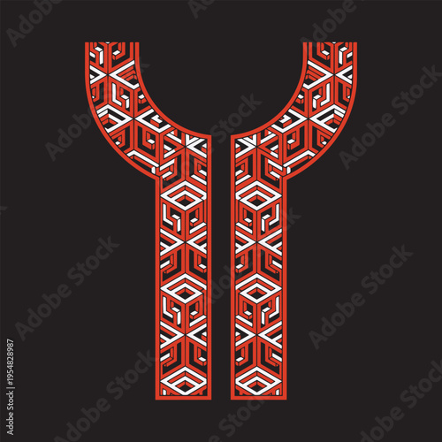 Geometric embroidery neck design featuring an intricate orange and white pattern on black fabric