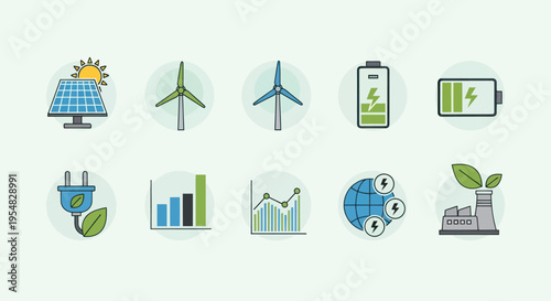 Collection of Green Energy and Sustainability Icons on Light Background.