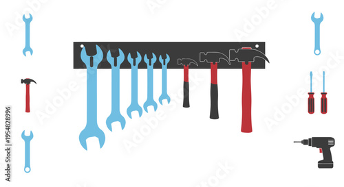 Assortment of hand tools: wrenches hammers screwdrivers and drill some neatly organized on a wall rack.