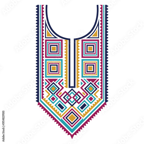 Geometric folk style neck embroidery design with vibrant colorful square and diamond patterns