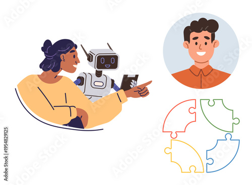 Artificial intelligence, teamwork, education, communication, innovation, human-robot interaction. A woman and a robot working together, puzzle pieces and a human face . Artificial intelligence