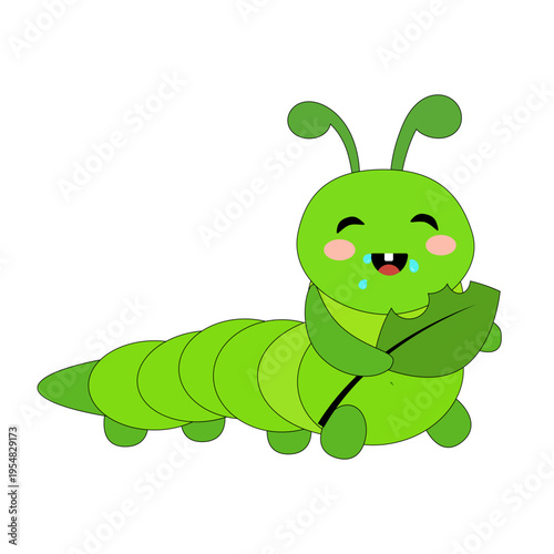 Cute cartoon caterpillar eating leaf, children's illustration for learning or children's textiles