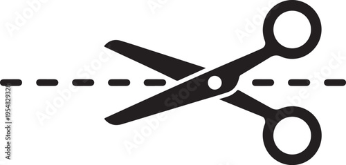 Black scissors cutting through a dotted line on white background