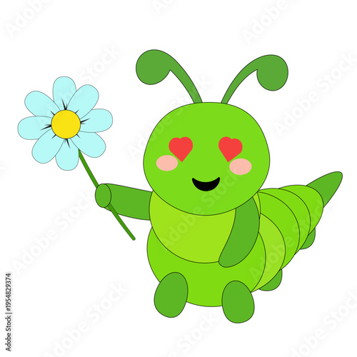 Cartoon Caterpillar with Flower in Love, Vector Illustration for Education,Design or Textile