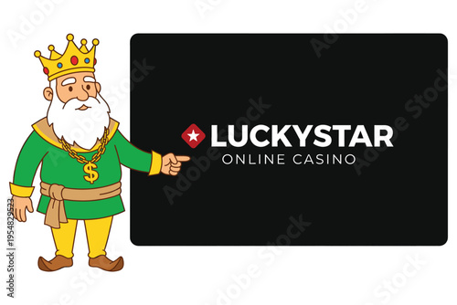 Cartoon illustration of a cheerful king with a crown and gold chain pointing at an online casino logo design isolated
