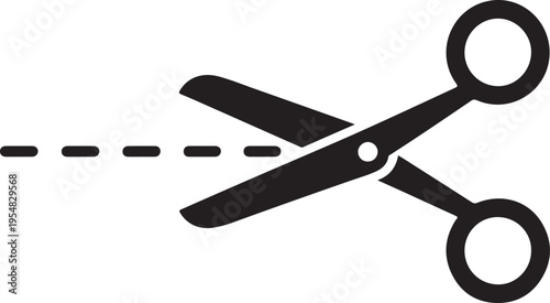 Black scissors cutting through dashed line on white background