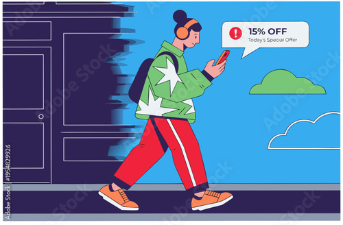 Woman walking and receiving local retail 15% off notification on smartphone. Geo-ads marketing concept. Vector illustration for banner