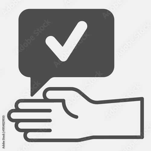 Hand gesture of agreement solid icon, approval concept. Vector graphics. Checkmark bubble and hand sign and editable stroke, glyph style icon for mobile or web design.