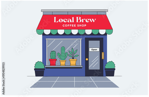 Cartoon store facade with red awning and open sign, plants in window. Macro unboxing experience. Minimalist vector illustration for commercial design