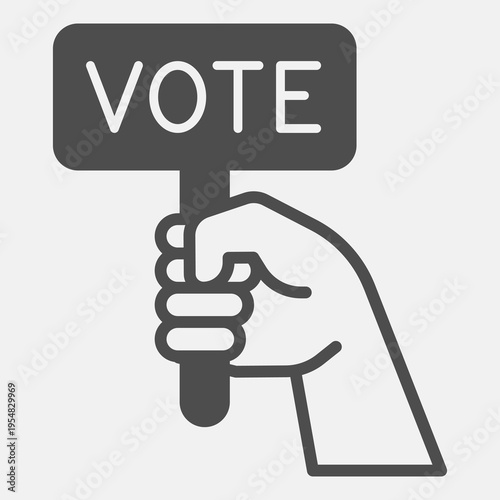 Banner board with word VOTE in hand solid icon, democracy day concept. Vector graphics. Voter hand sign and editable stroke, glyph style icon for mobile or web design.