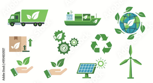 Eco-friendly logistics and green energy icons set for sustainable transport and environmental protection.