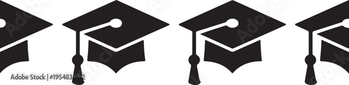 Black graduation caps with tassels on white background education
