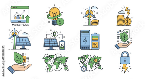 Collection of Eco-Friendly Energy and Sustainable Business Icons.