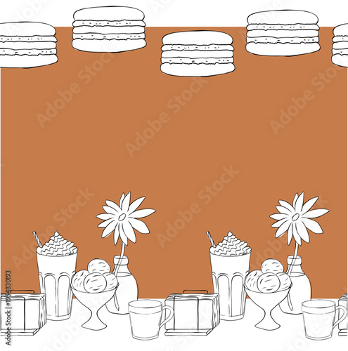 macaroons and ice cream sweets cafe interior Seamless horizontal border Frame template Cafe hand drawn illustration. Vector graphic Black and white line ink art.