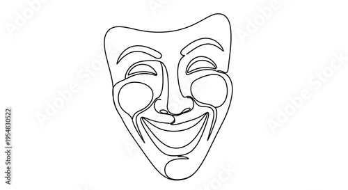 Abstract continuous line drawing of a smiling theatre mask, representing joy and performance.