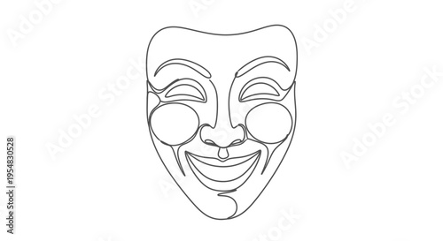 Abstract Continuous Line Drawing of a Joyful Theater Mask on White Background