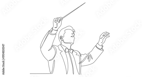 Orchestra conductor leading music with baton, elegant single line art