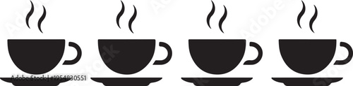 Four black coffee cups with steam rising on saucers white background
