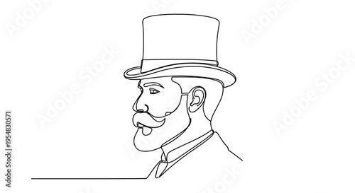 Gentleman Portrait, Top Hat, Monocle, Mustache, Victorian Era, Line Art