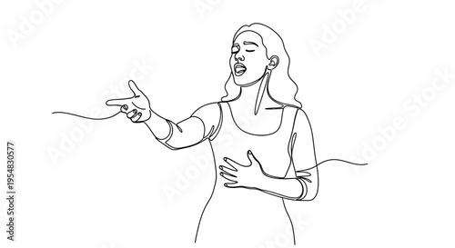 Opera Singer Woman Performing on Stage, Expressive Gesture, Continuous Line Art
