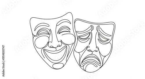 Comedy and Tragedy Masks Line Art, Symbol of Theater and Emotions