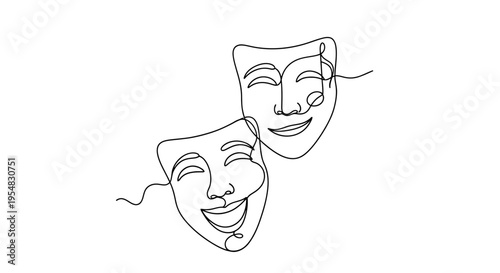 Minimalist Line Art: Comedy and Tragedy Theater Masks - Continuous Drawing