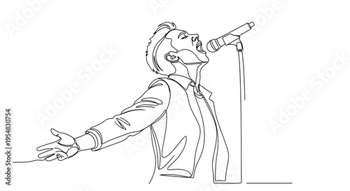 Singer Performing Live with Microphone, One Line Art Drawing