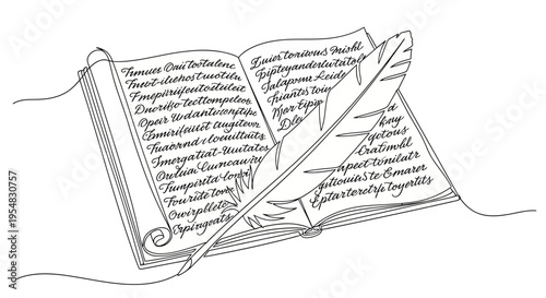 Open Book with Feather Quill Pen, Ancient Writing, Handwritten Text Illustration