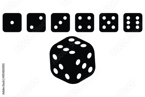 Highly detailed set of standard sixsided dice illustrations showing all faces from one to six dots isolated