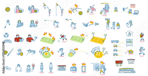 スポーツ運営のトラブル対策やマナー・ルールを網羅した実務用アイコンセット 部活動地域移行のガイドライン作成や安全管理マニュアルに最適な手書き風イラストパーツ集
