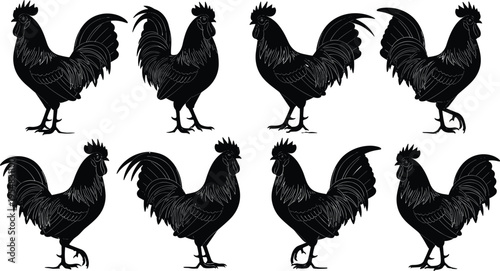 "Collection of eight black rooster silhouettes in various poses, detailed feather textures and comb shapes, isolated vector design for farm, poultry, agriculture, and decorative artwork"