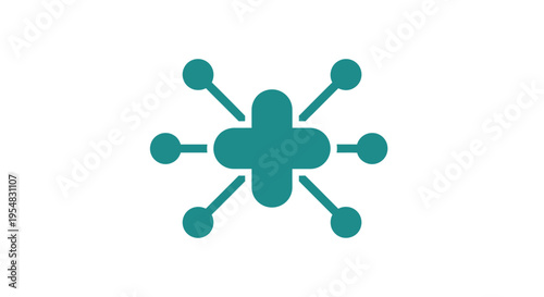 Abstract teal colored interconnected network icon with dots and lines, resembling a molecular structure or digital connection on an isolated white background.