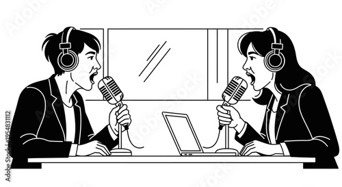 Professional woman wearing headphones, confidently speaking into a vintage microphone while broadcasting or recording in a studio, depicted in black and white.