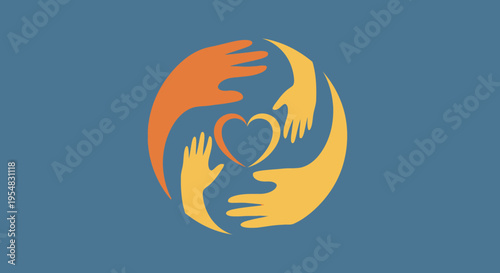 Four diverse hands forming a protective circular pattern around a central heart, symbolizing community, care, and unity on a solid blue background.