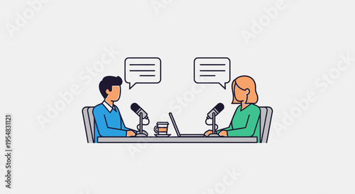 Two engaging hosts, a man and a woman, actively talking into microphones while recording a podcast or radio show in a bright studio.